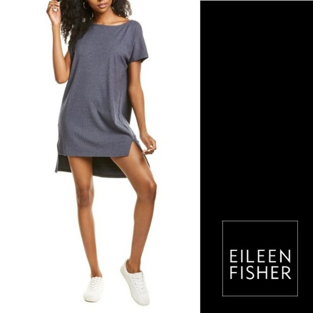 EILEEN FISHER Dress Tencel Rib Bateau Neck Tunic Womens M Grey Blue $148 High Lo